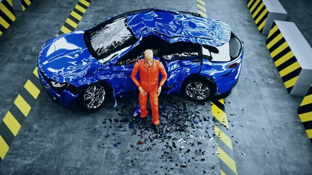 Robot crash test dummy speaking near car crash test. Future concept. Realistic 4k animation.
