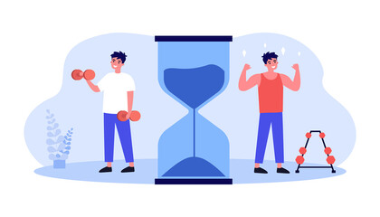 Cartoon man gaining muscles after working out. Male character lifting dumbbells flat vector illustration. Sports, fitness, motivation concept for banner, website design or landing web page