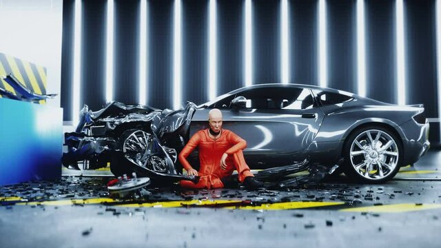 Robot crash test dummy sitting near destroyed car crash test. Future concept. Realistic 4k animation.