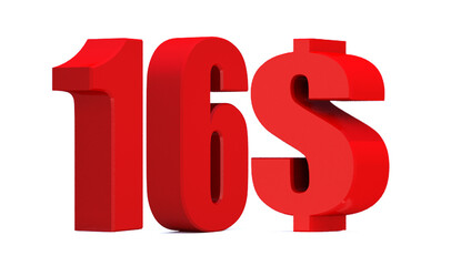 16 dollar word on white background. 3d illustration