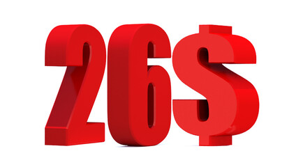 26 dollar word on white background. 3d illustration