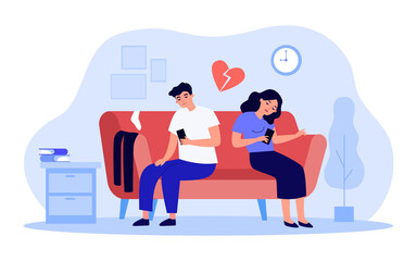 Bored couple sitting on sofa while looking at their phones. Husband and wife tired of each other flat vector illustration. Relationship, breakup concept for banner, website design or landing web page
