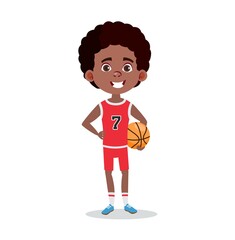 Black teen basketball player. Smiling boy standing with basketball ball