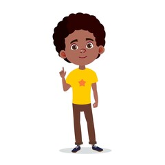 Fototapeta premium Black teenager reminding or giving advice. Cartoon African American guy with his index finger raised up