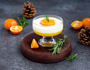 Dessert, vanilla panna cotta with tangerine layer in a small portioned vase on a dark concrete...
