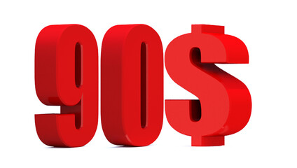 90 dollar word on white background. 3d illustration