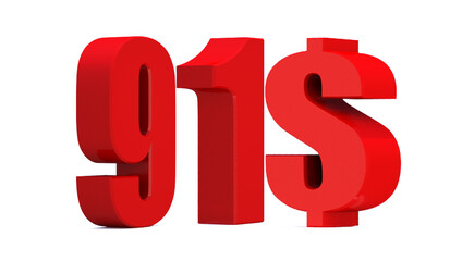 91 dollar word on white background. 3d illustration