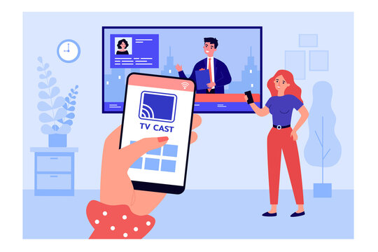 Woman Connecting Smartphone To Television And Watching News. Mobile App For Casting To TV Flat Vector Illustration. Technology, Entertainment Concept For Banner, Website Design Or Landing Web Page