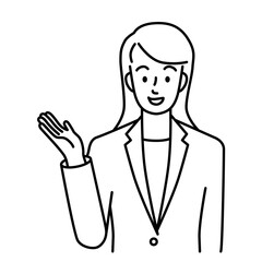 Upper body of a young woman in a suit raising her right hand (line)