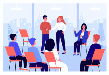 Cartoon man sharing problems in group therapy. People sitting in circle and consulting with therapist flat vector illustration. Psychology, support, mental health concept for banner, website design
