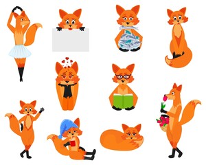 Fox set. 10 cartoon objects. Can be used for stickers, books, magazines, textbooks, notebooks, apps, banners, avatars, for web design.