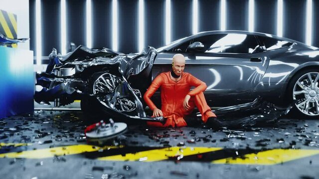 Robot crash test dummy sitting near destroyed car crash test. Future concept. Realistic 4k animation.