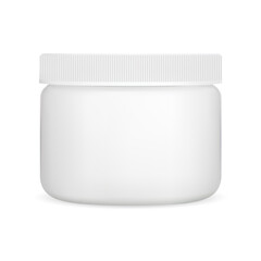 White cream jar, plastic cosmetic container, vector blank. Simple round package template mock up. Face powder bottle, skin care product on white background. Scrub or gel can