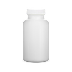 Plastic pill bottle. White witamin capsule jar, vector template, isolated on background. Medicine supplement jar blank. Pharmaceutical package mock up for presentation
