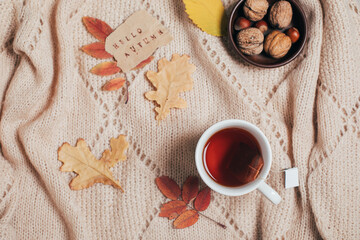 Flat lay with cup of tea, note with text hello aututmn colorful autumn leaves, nuts on sweater