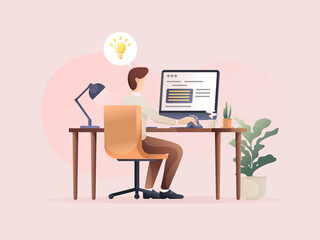 Man comes up with ideas while sitting at work. Flat design Illustration about a sitting at work.