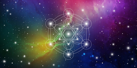 Merkaba sacred geometry spiritual new age futuristic illustration with transmutation interlocking circles, triangles and glowing particles in front of cosmic background
 - obrazy, fototapety, plakaty