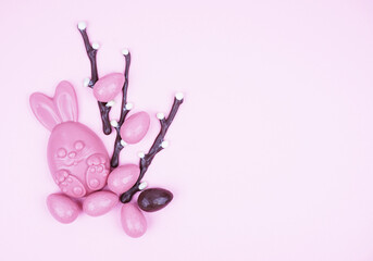 Beautiful Easter composition with chocolate eggs, pussy willow and a hare on a colored background, space for text.