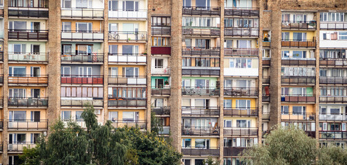 Balconies on soviet, highrise block of flats buildings.