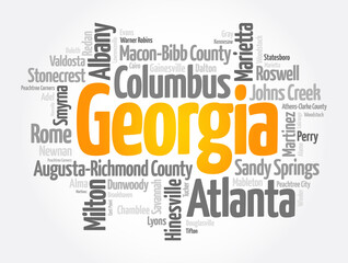 List of cities in Georgia USA state, word cloud concept background