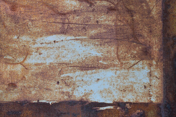 Old light blue painted grey rusty rustic rust iron metal frame background texture, horizontal aged damaged weathered scratched framed plain paint patch plate, grunge pattern copy space macro closeup