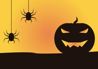 Naklejka premium Silueta de calabaza y araña negra en fondo naranja.