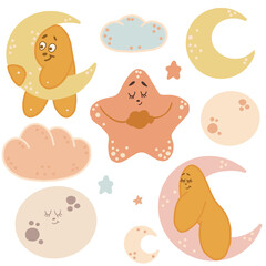 Vector set of moon, star, crescent and clouds.