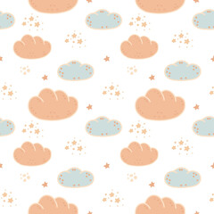 Cute seamless pattern with blue and pink clouds. Vector illustration