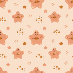 Funny pattern with cute cartoon stars. Vector seamless pattern