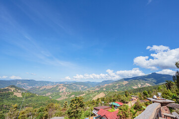 Beautiful mountain view and blue sky with coffee on the the balcony at doi sky nan province.Nan is a rural province in northern Thailand bordering Laos