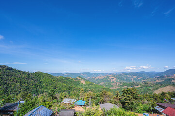 Fototapeta na wymiar Beautiful mountain view and blue sky on doi sky at nan province.Nan is a rural province in northern Thailand bordering Laos
