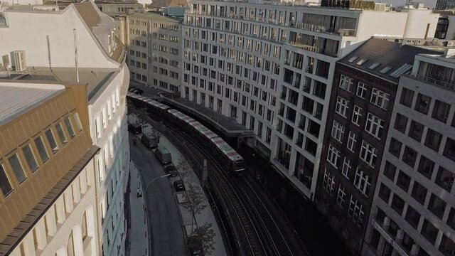 Aerial footage top view of Hamburg October 2020 train is coming High quality 4k footage