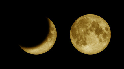 Close up of Full moon and crescent moon on dark night sky, black space. 2 Phases of the moon, lunar...