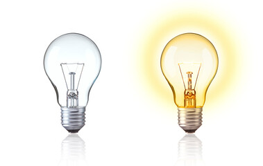 Turn on and turn off of Tungsten light bulb. Classic light bulb isolate on white background. show...