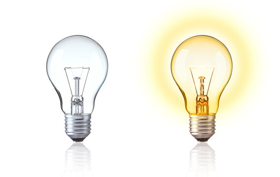 Turn on and turn off of Tungsten light bulb. Classic light bulb isolate on white background. show big idea,  innovation, save energy, idea of Evolution, old style or retro light bulb Concept.
