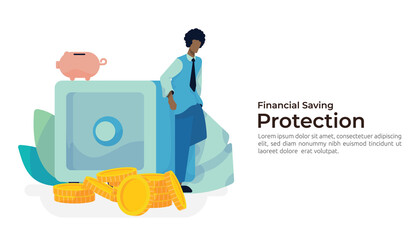 wealth protection and money saving safety secure with businessman character lean on safe box illustration on flat style vector. financial privacy and investor protection concept