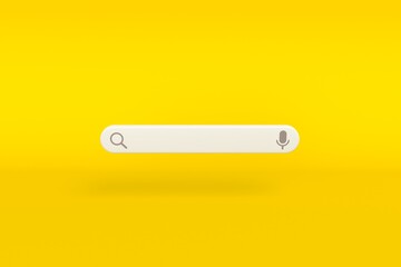 Minimal search bar design element on yellow background. web search concept. 3d illustration
