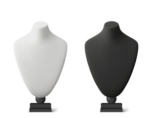Realistic black and white stands for jewelry. Bust necklace mannequin vector realistic. Mannequin no head. - 457670847