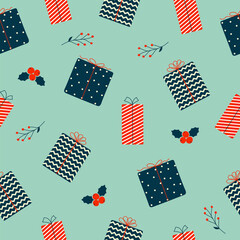 Obraz premium Christmas and New Year seamless pattern. Colorful gift boxes and mistletoe on blue background. Doodle style.