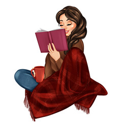 Girl reading the book in cozy blanket. Hand drawn autumn illustration