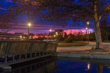 bridge and tree in the park with beautiful sunset © adrian