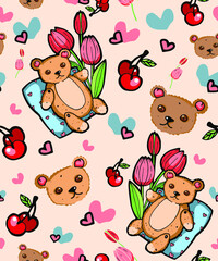 Color vector pattern. Bears and cherries on a pastel background. Suitable for textiles, wrapping paper, children's wallpaper, fabric.