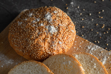 Freshly baked bread on a wooden board