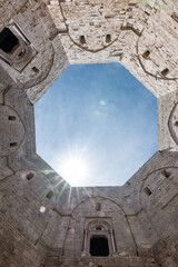View of the sky from the octagonal internal courtyard of the Catello del Monte (Italy)