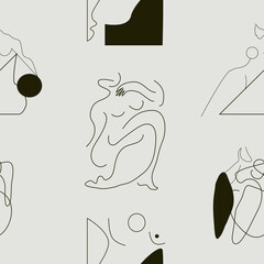 Seamless pattern and hand drawn texture. Contemporary silhouette of woman. Portrait minimalistic style. Hand drawn trendy vector illustrations for print.