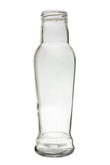An empty glass bottle with a wide neck, transparent without a lid. Isolated on a white background, with reflection.