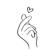 Sketch doodle of hand showing heart with fingers gesture mini love. Hand drawn vector line art illustration. Love Valentine Day concept