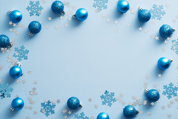 Blue Christmas background with balls and snowflakes. Christmas frame. Flat lay, top view.