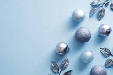 Elegant Christmas decorations on blue background. New Year banner design, Christmas flyer mockup.