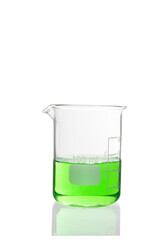 Laboratory equipment, beaker filled by green liquid with reflection isolated on white background with clipping path.